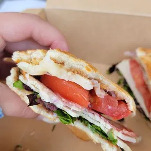 a hand holding a sandwich