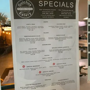 menu for specials