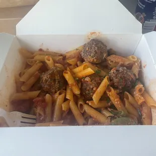 Spaghettini with Meatballs but with Gluten Free Penne