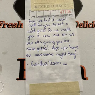 Pizza box with note.