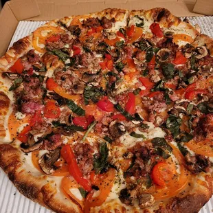 Margarita with sausage,  mushrooms and roasted red peppers