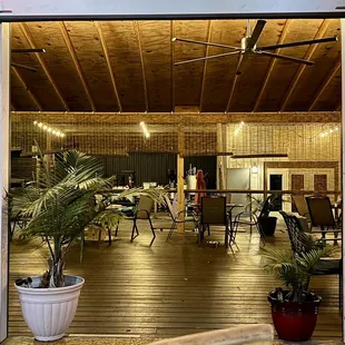 Looking out at the deck from inside the taproom