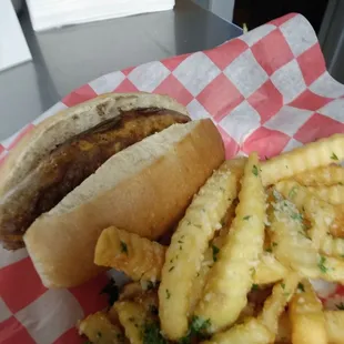 Bratwurst and truffle fries