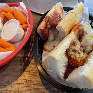 Carrots and a delicious chicken parm sandwich