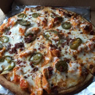 Buffalo chicken pizza (no onion) in a gluten free crust--perfection!!