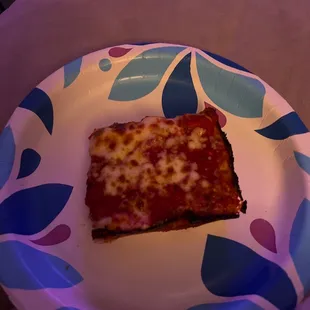 a slice of pizza on a paper plate