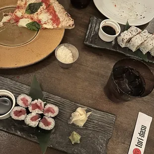 Margherita Pizza, Tuna and Salmon Sushi Rolls