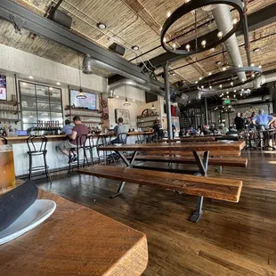 Bar and main seating area with large fest tables throughout