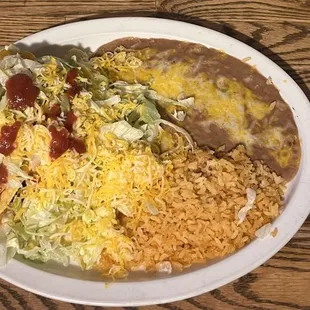 Combination #8, 2 shredded beef tacos, rice and beans