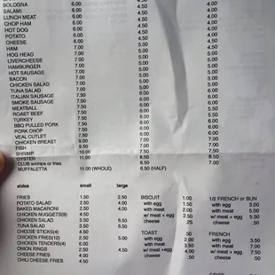 Sandwich side of menu