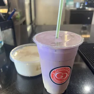 Ube coffee with 2 extra shots, light ice. Single serving banana pudding