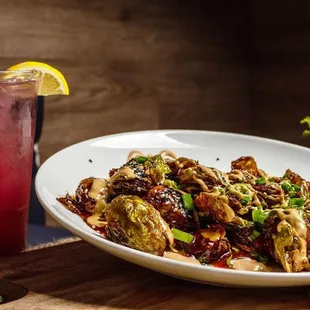a plate of food and a drink