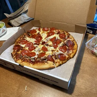 Pepperoni, sausage, and mushroom