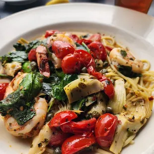 Shrimp Picatta with cherry tomatoes, spinach and artichokes