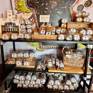 Variety of breads for purchase.