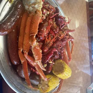 Crawfish, snowcrab, sausage,corn, and potatoes