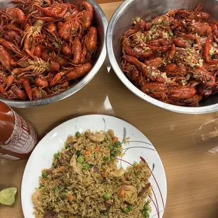 two bowls of crawfish and rice