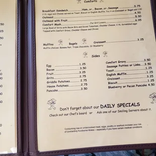 menu and prices