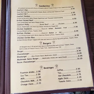 the menu and prices