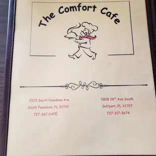 the menu for the comfort cafe