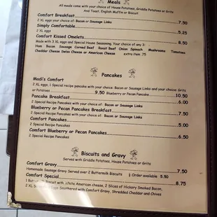 a menu for breakfast