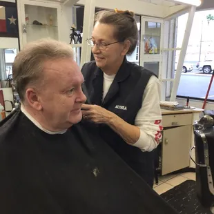 Miss Althea is working at GULFWAY Barber shop she's been cut men's hair in Corpus Christi sense 1994