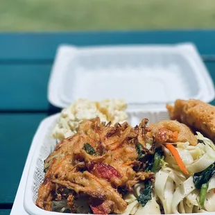 a take out container of food