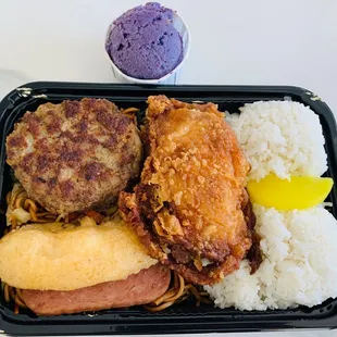 Bento #2, sub hamburger for teri beef, side Okinawan sweet potato salad