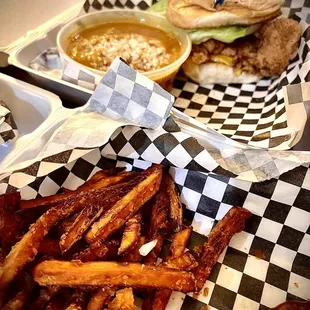 Good food! Sweet potato fries, Etouffee, Southern grilled chicken sandwich.