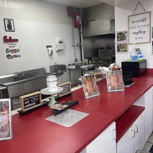 a red counter in a commercial kitchen