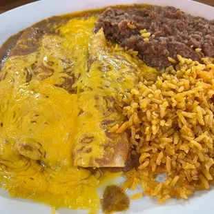 Cheese enchilada, beans and rice