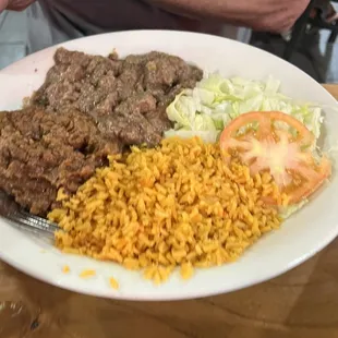Carne guisada, rice and beans
