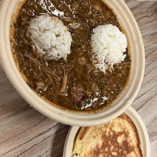 Chicken sausage gumbo and a hoe cake