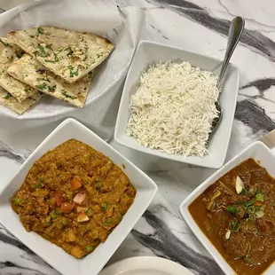 Baingan Bharta, Goat Curry sp., Garlic Naan and Rice