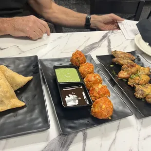 Samosas, Veg. Pakora, Himalayan Chicken Wings