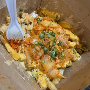 Kimchi fries 10/10 Mild-medium spice  Not soggy at all