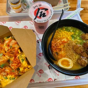 Kimchi Fries, Strawberry Slush, Kimchi and Fried Chicken