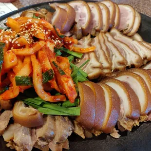 sliced meat and vegetables on a plate