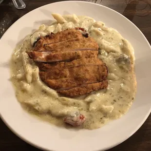 Alfredo chicken pasta cones with a salad