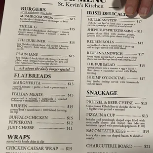 Downstairs (pub) menu.