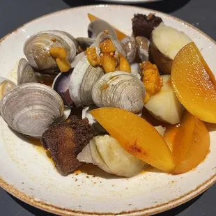 Peaches, GA clams, Carolina gold rice.