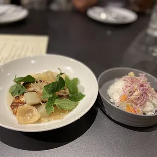 Trout and rice with shrimp chips