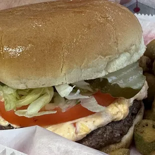 Pimento cheeseburger, and fried okra