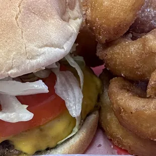 Bacon cheeseburger and onion rings