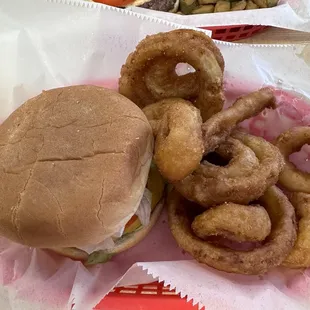 Hamburger and onion rings
