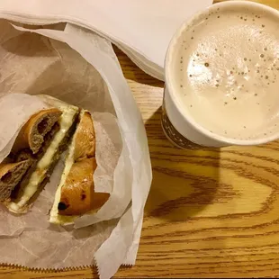 Egg, Cheese, Turkey Sausage on a Cinnamon Raisin Bagel &amp; Black Tea Latte
