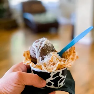 Chocolate &amp; Mocha Almond Fudge scoops w/coconut flakes | Catered by Rich&apos;s Ice Cream Catering | July 2023