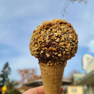 Nutty chocolate rolled cone (located in the freezer cabinet)