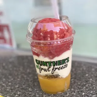 Mango on bottom, Vanilla middle, Strawberry on top