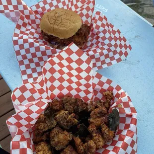 Fried chicken sandwich up top, fried chicken nuggets on bottom